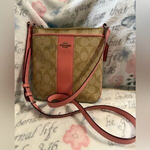 Coach PVC Leather North South Crossbody Stripe Light Khaki/Pink preowned